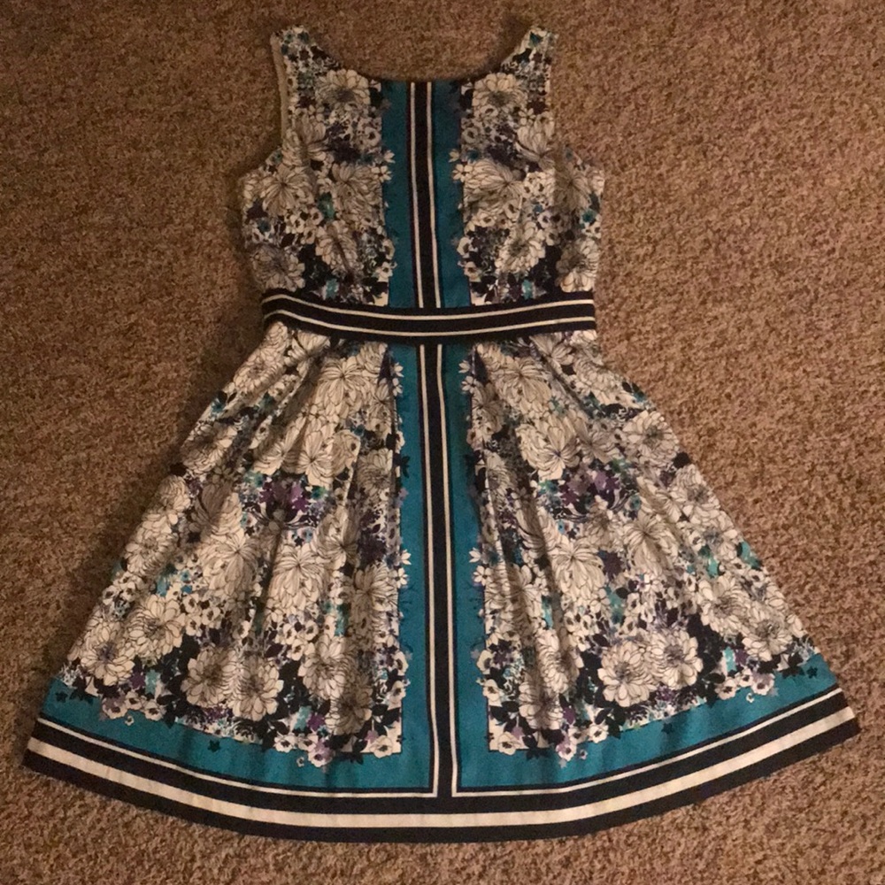 Black white teal purple floral dress